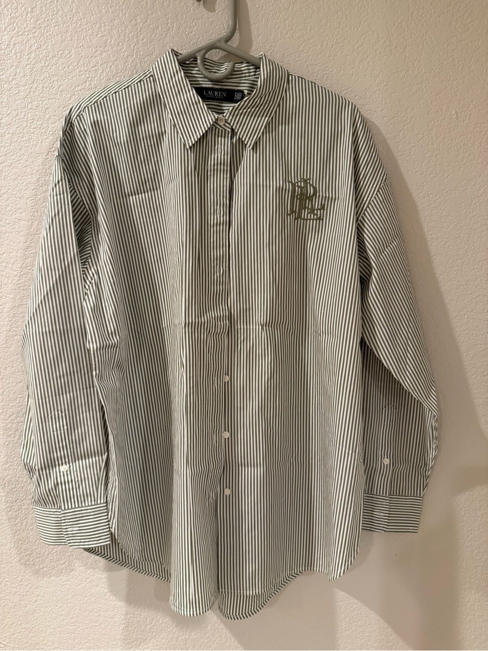 Ralph Lauren Women’s Green and White Striped Button-Down Shirt